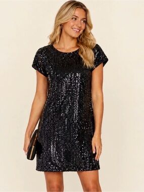 Banana Republic Black Sequin Cap-Sleeve Silk Mini Shift Dress Size 6